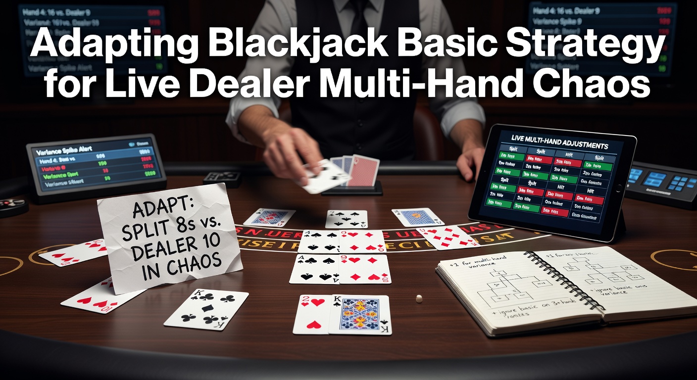 Live dealer blackjack table with multiple hands in play, showing cards and chips scattered across the felt