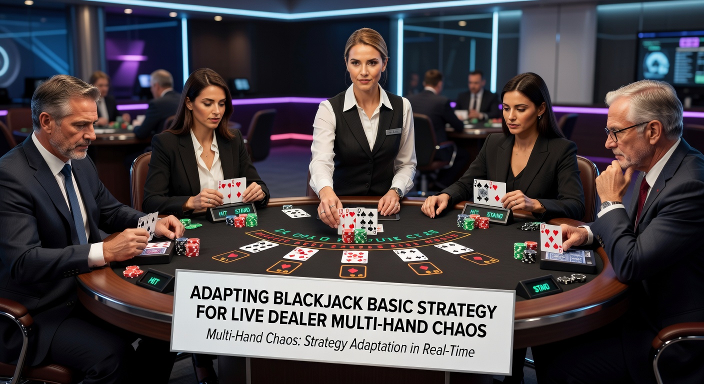 Close-up of a multi-hand live blackjack setup on a digital interface, with dealer visible and several player hands active