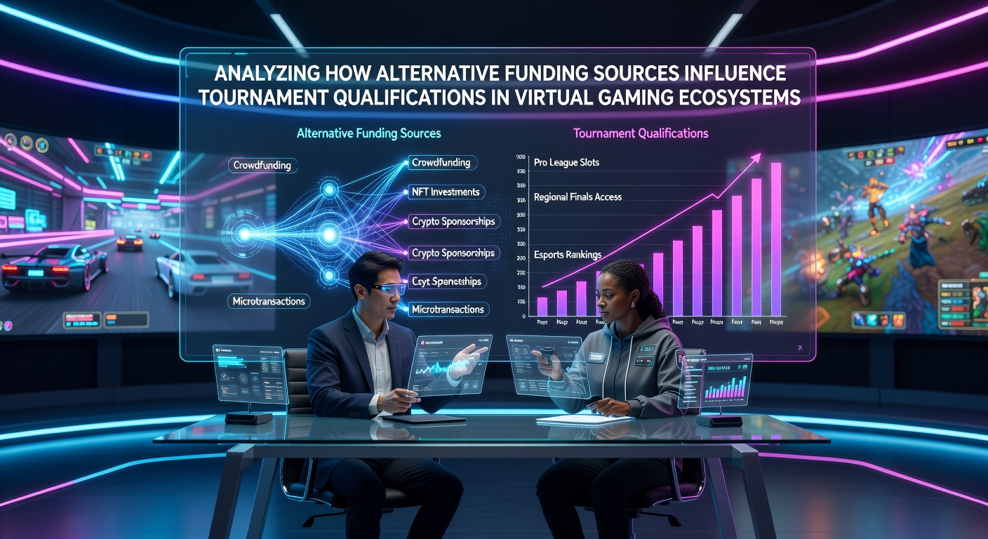 Virtual gaming tournament participants competing in an online esports arena with digital funding overlays displayed on screens