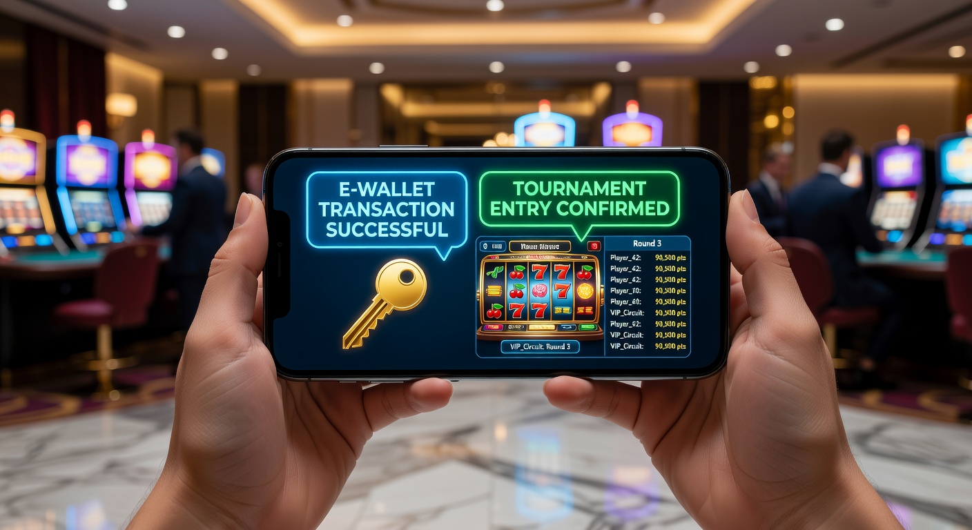 Smartphone displaying e-wallet interface connected to a slot tournament app with secure transaction confirmation screen