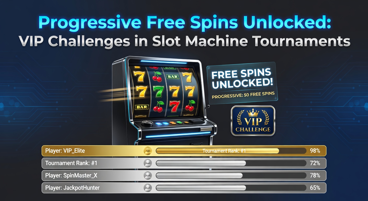 Vibrant slot machine tournament screen displaying progressive free spins meter climbing amid VIP challenge badges and leaderboards