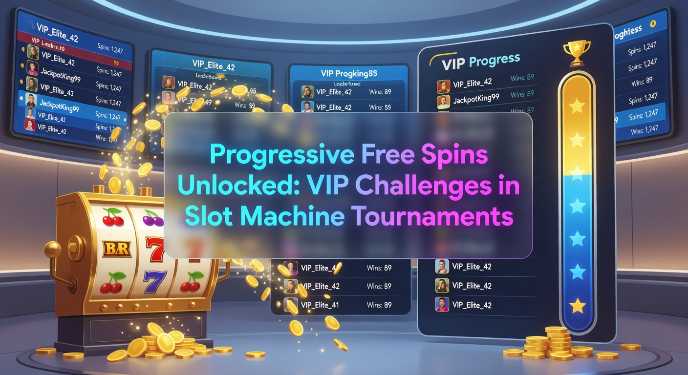 Close-up of a mobile slot tournament interface showing VIP challenge progress bars, free spins counters, and a glowing progressive unlock notification