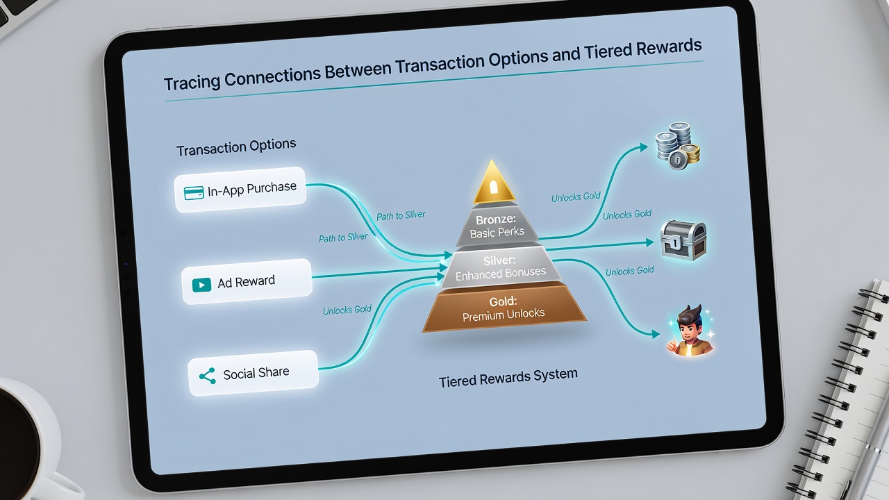 Infographic showing transaction flow into reward tier levels on mobile table games