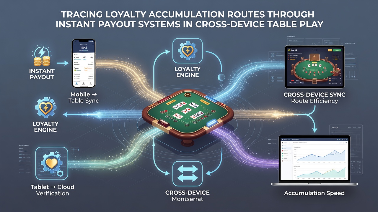 Data flow diagram illustrating loyalty points moving through instant payout channels on mobile and desktop table games