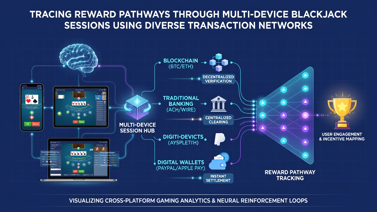 Flowchart illustrating how different transaction types connect to unified player reward profiles across multiple devices in blackjack environments
