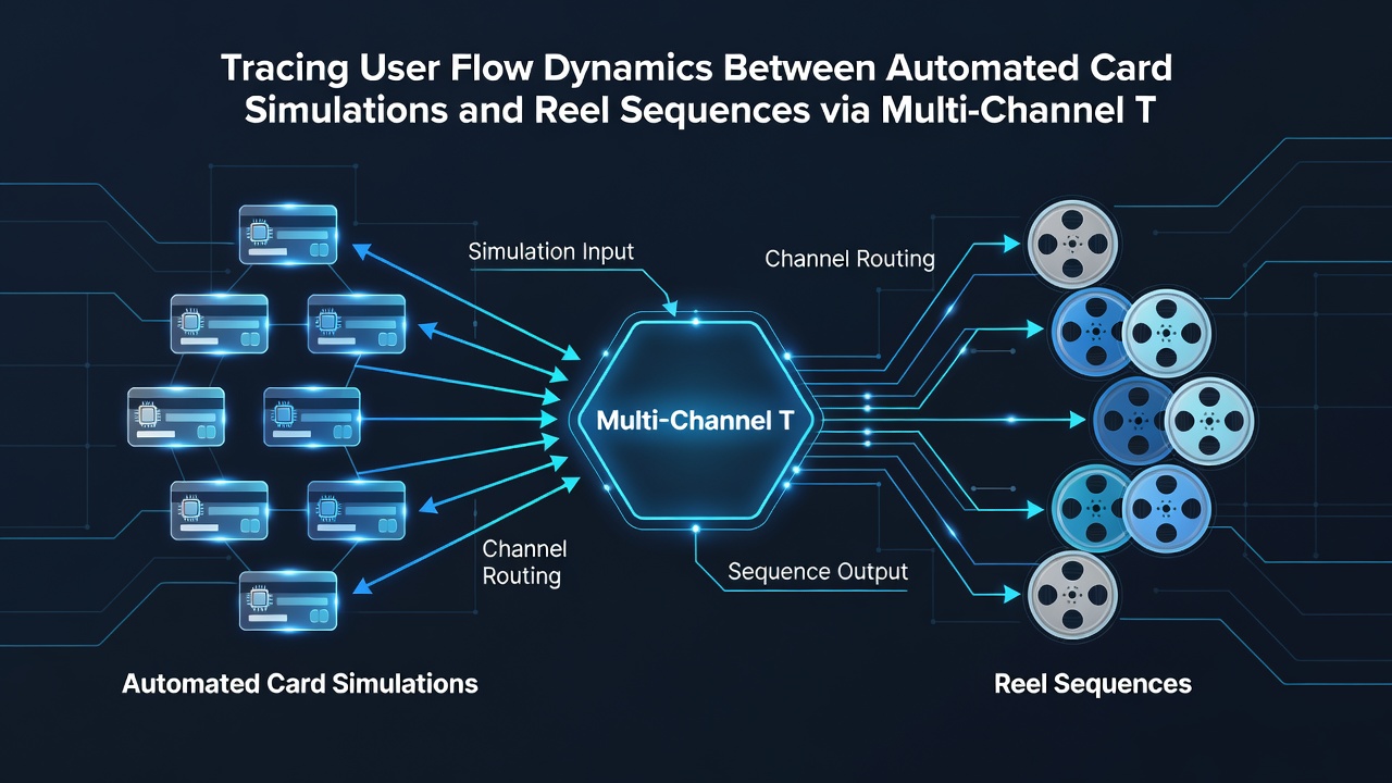 Diagram illustrating multi-channel transaction flows connecting card simulations and reel sequences on mobile devices